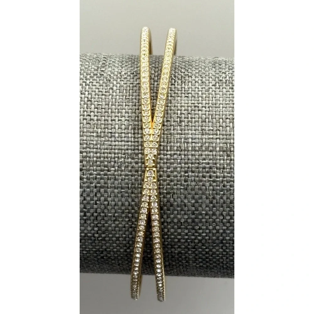 Nordstrom Gold Tone Crossover Bangle Bracelet Clear Cubic Zirconia Hinged
